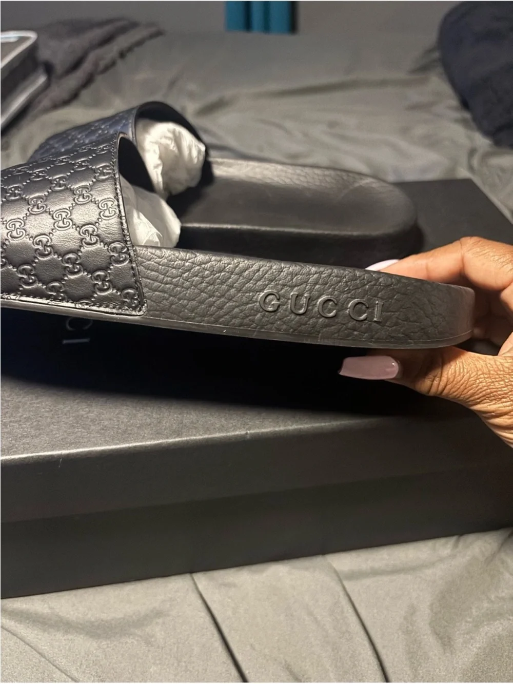Gucci Black Embossed GG Slide Sandals - Men's US Size. 7